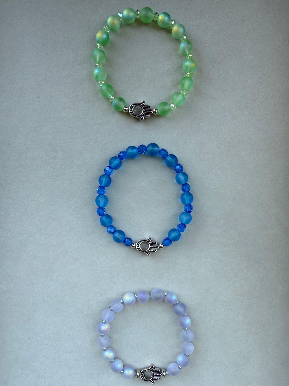 Hamsa Hand Beaded Stretch Bracelets Green, Blue, Purple 7 inches customize
